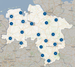 Ein Karte von Niedersachsen mit Markierungen für Beratungsangebote