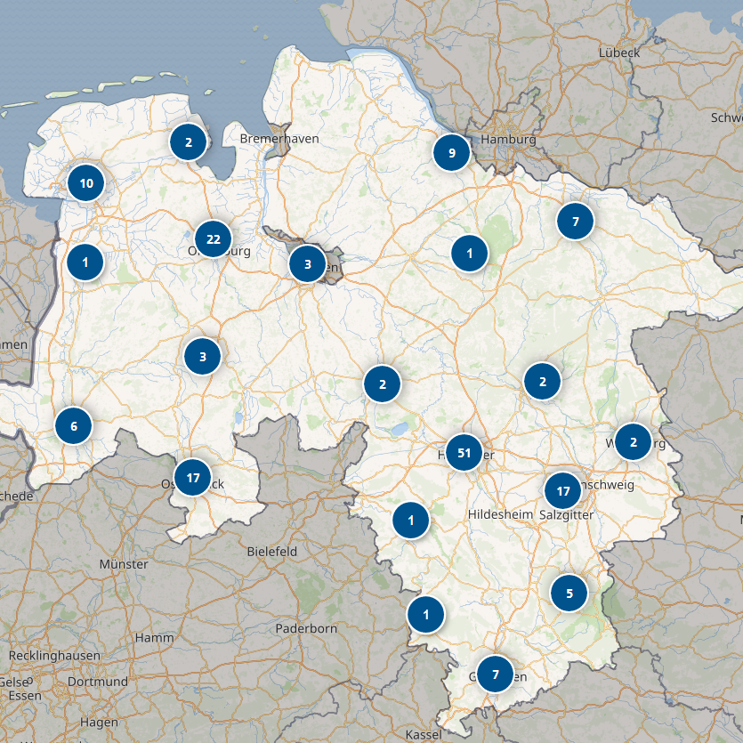 Ein Karte von Niedersachsen mit Markierungen für Beratungsangebote