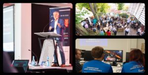 Kollage aus Bildern der Digitalen Woche Osnabrück mit Reden, Publikum und Workshops