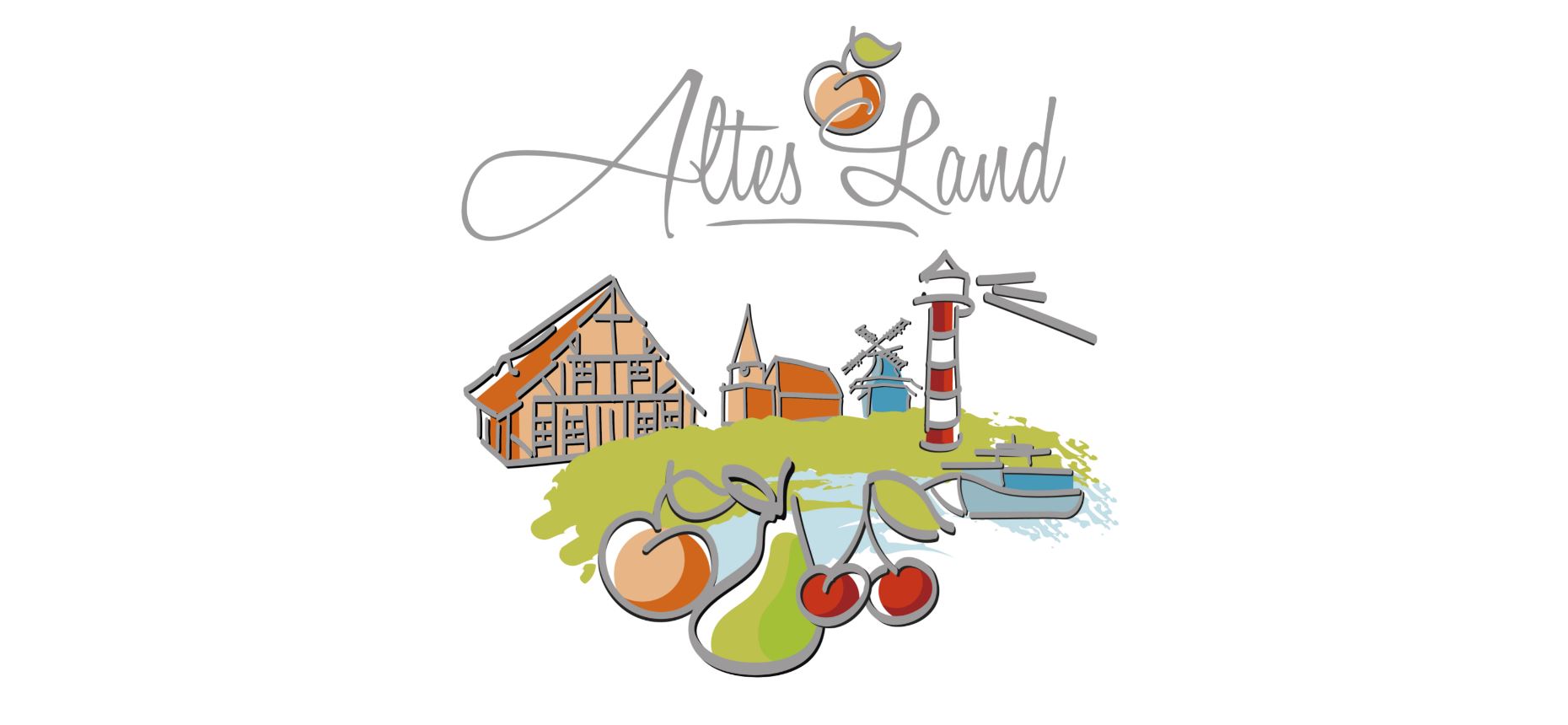 Logo des Tourismusvereins Altes Land mit gezeichneter Landschaft und Schriftzug