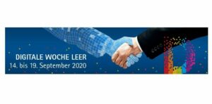 Logo mit angedeutetem virtuellen Handschlag und Schriftzug der Digitalen Woche Leer 2020.