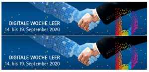 Doppeltes Logo mit angedeutetem virtuellen Handschlag und Schriftzug der Digitalen Woche Leer 2020.