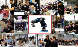 Bildkollage aus Veranstaltungsfotos mit zahlreichen Schülern und dem Prototypen eines Roboterarms.