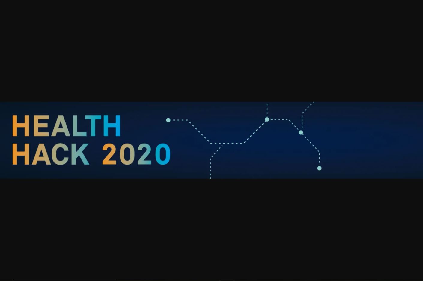 Logo Health Hack 2020 bunte Schrift auf einem blauen Streifen auf schwarzem Hintergrund