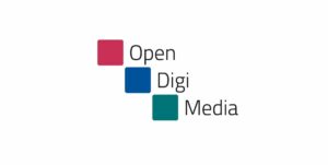 Logo von OpenDigiMedia mit Schriftzug und drei Vierecken in Rot, Blau und Grün.