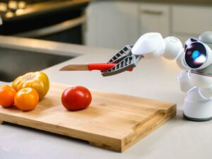 Roboter schneidet Tomaten.