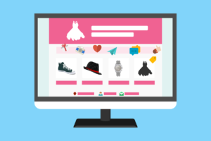 Grafik einer stilisierten Homepage mit Produkten, die online erworben werden können.