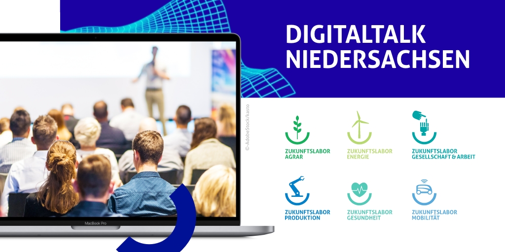 Grafik für den Digitaltalk Niedersachsen mit Publikum und Symbolen der einzelnen Zukunftslabore.