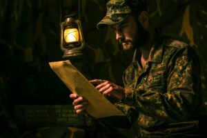 Ein Soldat im Zelt im Schein einer Lampe blickt auf ein Dokument.