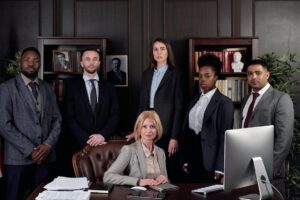 Sechsköpfiger Vorstand aus Frauen und Männern sitzen und stehen am Schreibtisch im Büro.