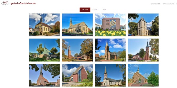 Screenshot der Webseite der Grafschafter Kirchen. mit mehreren Kirchenmotiven.