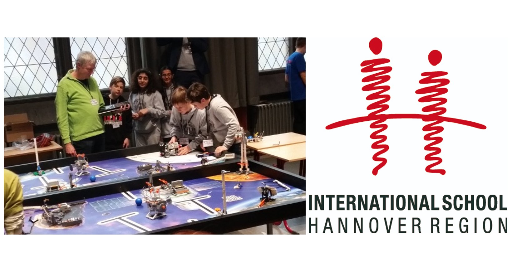Collage aus dem Logo der Internationalen Schule Hannover sowie Schülern und einem Lehrer an einem Robotik-Tisch.