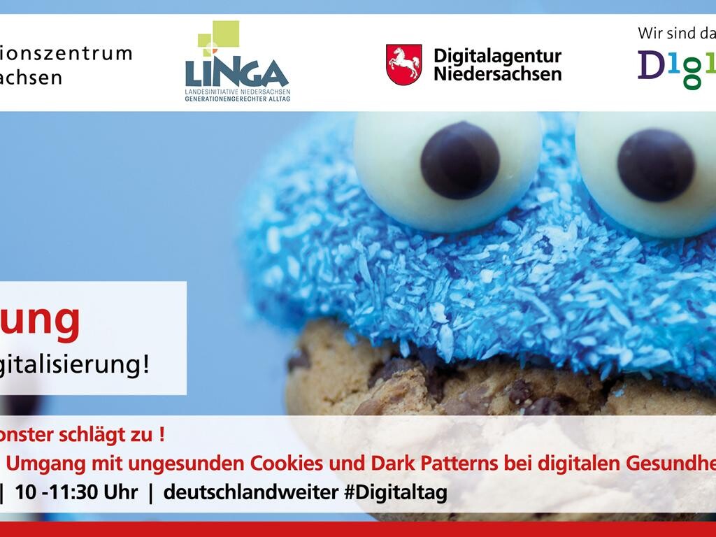 Flyer zur Veranstaltung am Digitaltag mit einem Muffin in Krümelmonsterform.