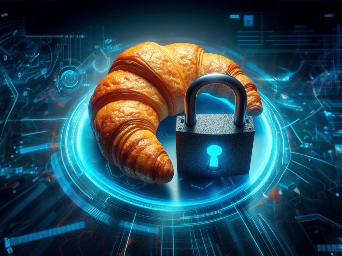 Ein Croissant und ein digitales Schloss auf einem Hintergrund im Cyber-Style