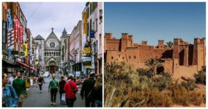 Collage aus zwei Bildern, Innenstadt von Dublin und Tempel in Marokko.