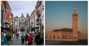 Collage aus zwei Bildern, links Dublin, rechts Casablanca.