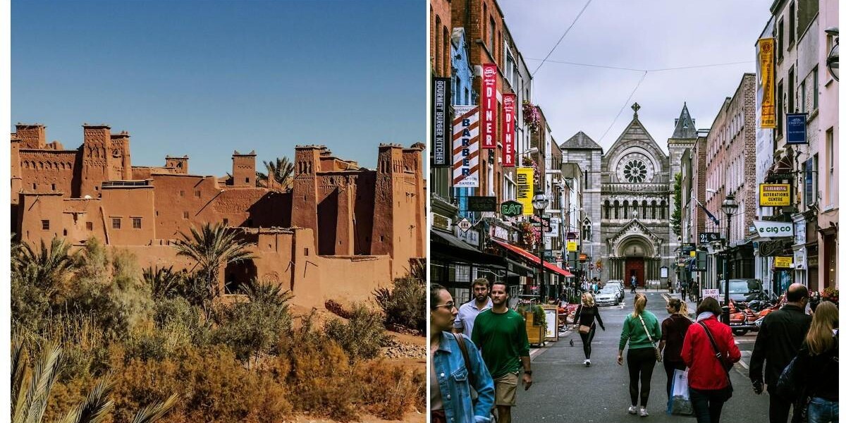Collage aus zwei Bildern, Innenstadt von Dublin und Tempel in Marokko.