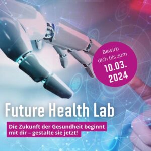 Grafik zum Future Health Lab mit Roboterhand und Menschenhand.