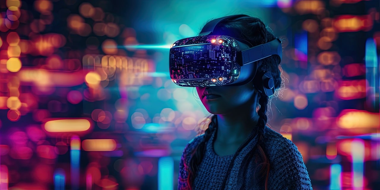 Ein Kind mit einer VR-Brille vor einem virtuell erzeugten bunten Hintergrund.