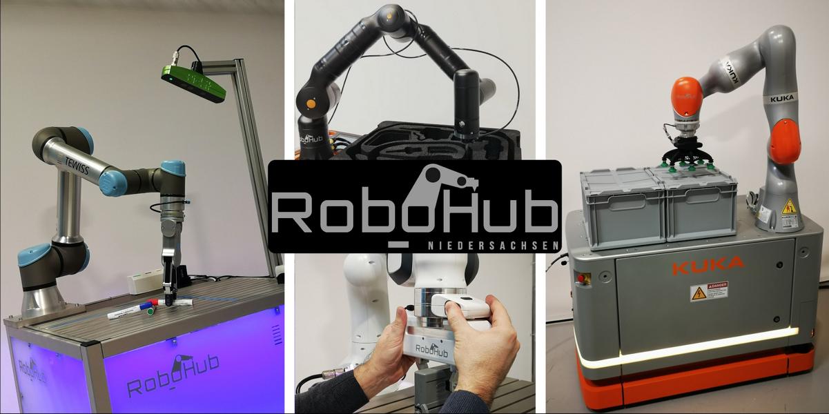Collage aus drei Bildern mit Roboterarmen im RoboHub Niedersachsen.