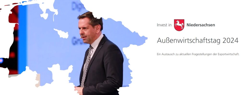 Screenshot der Webseite zum Niedersächsischen Außenwirtschaftstag mit einem Bild von Olaf Lies.