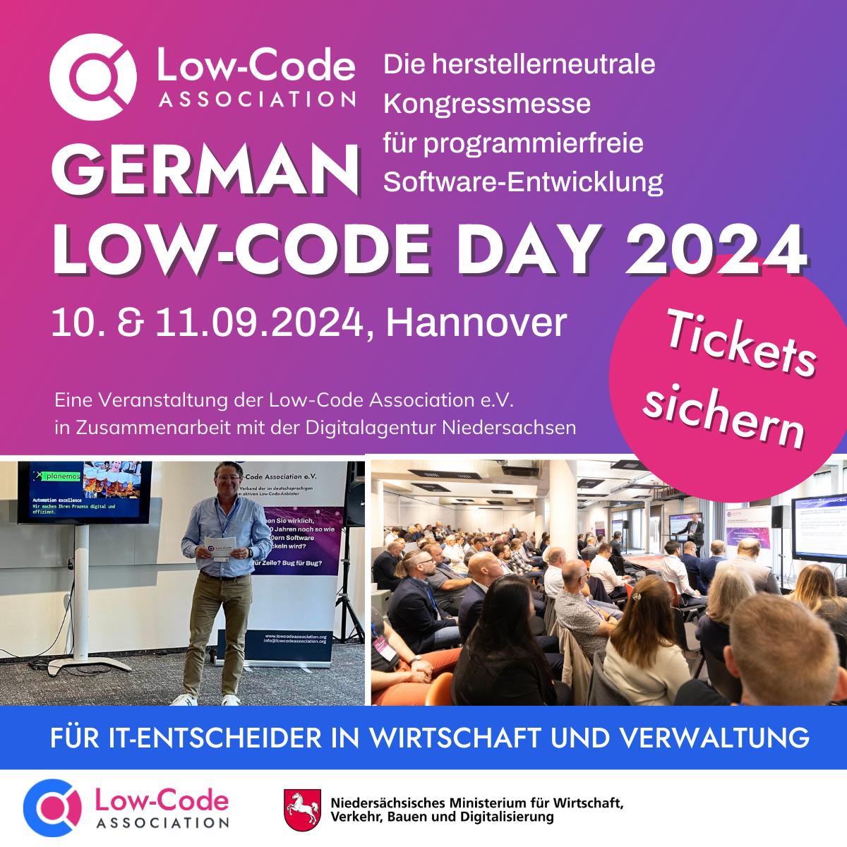 Ankündigung des German Low Code Day 2024 mit Text, Fotos und Tickethinweis.