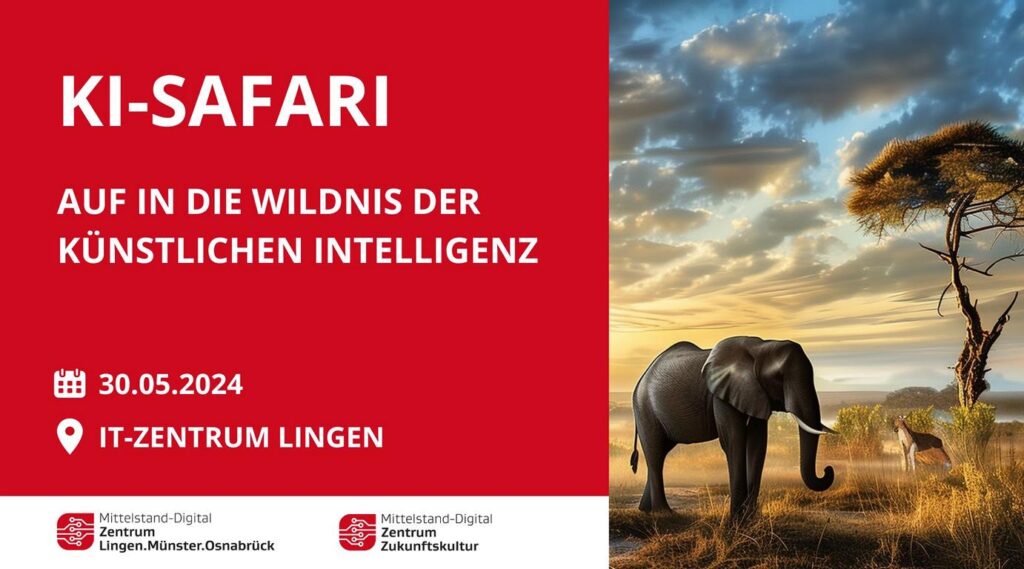 Infografik zur KI-Safari in Lingen mit Schrift und einem Elefanten.