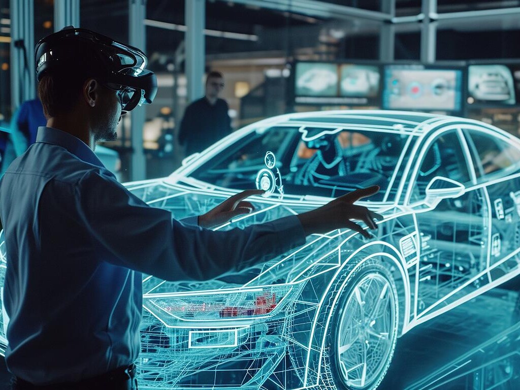 Mann mit VR-Brille vor einem virtuellen Modell eines Autos.
