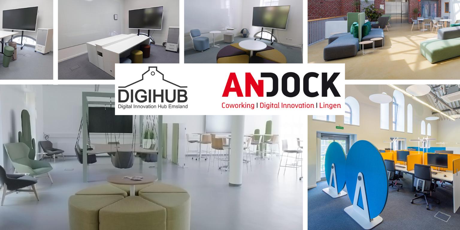Collage aus Bildern der Räumlichkeiten des DigiHub Emsland und des Co-Working-Spaces AnDock.